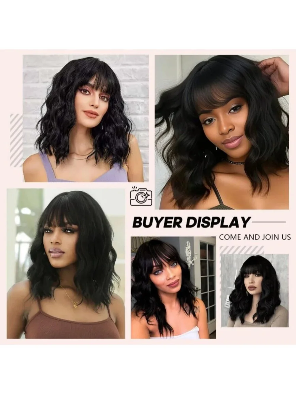 Women's Black 16 Inch Wavy Wig With Bangs Shoulder Length Synthetic Hair